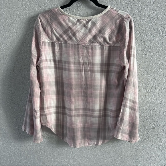 Cloth & Stone Pink, Gray, and Ivory White Plaid Popover Blouse Top Boho Casual - Picture 4 of 7